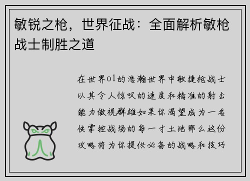 敏锐之枪，世界征战：全面解析敏枪战士制胜之道
